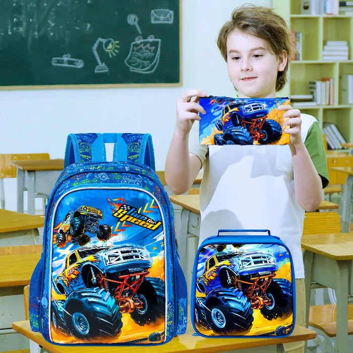 3 Piece Boys Backpack Set 16 Inch Cars Bookbag Lunch Box Elementary School
