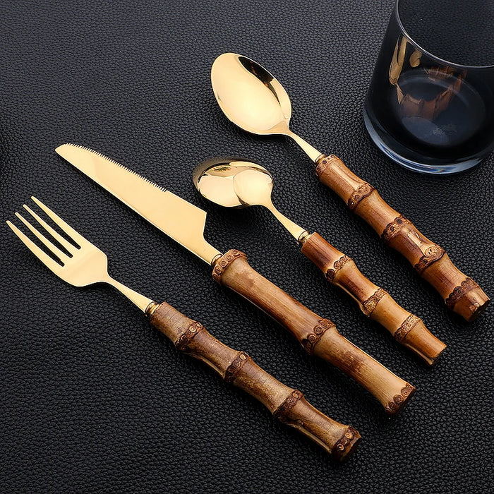 24 Piece Bamboo Handle Stainless Steel Cutlery Set