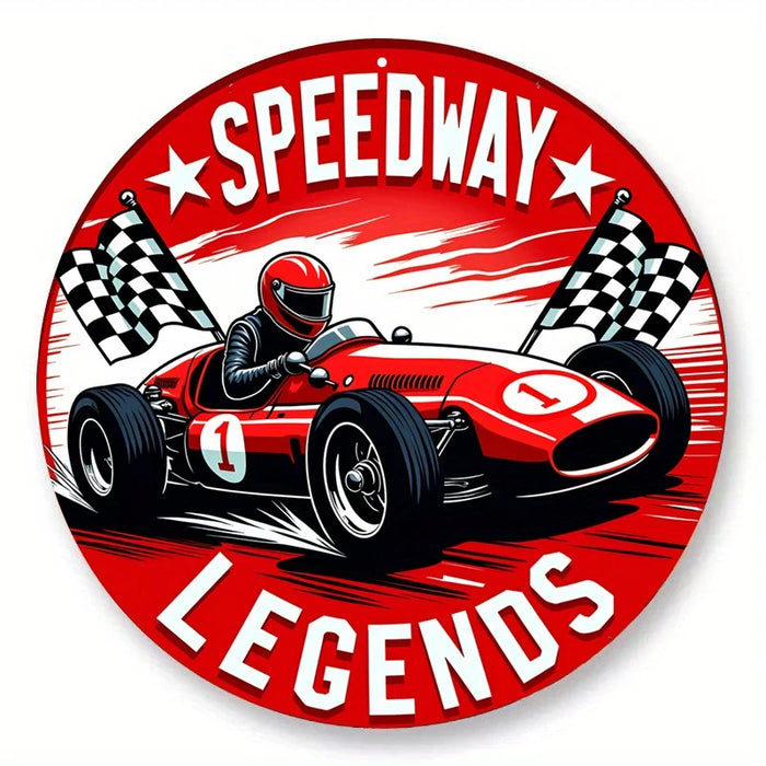 Vintage Race Track Sign Metal Art With Checkered Flag And Helmet Motif