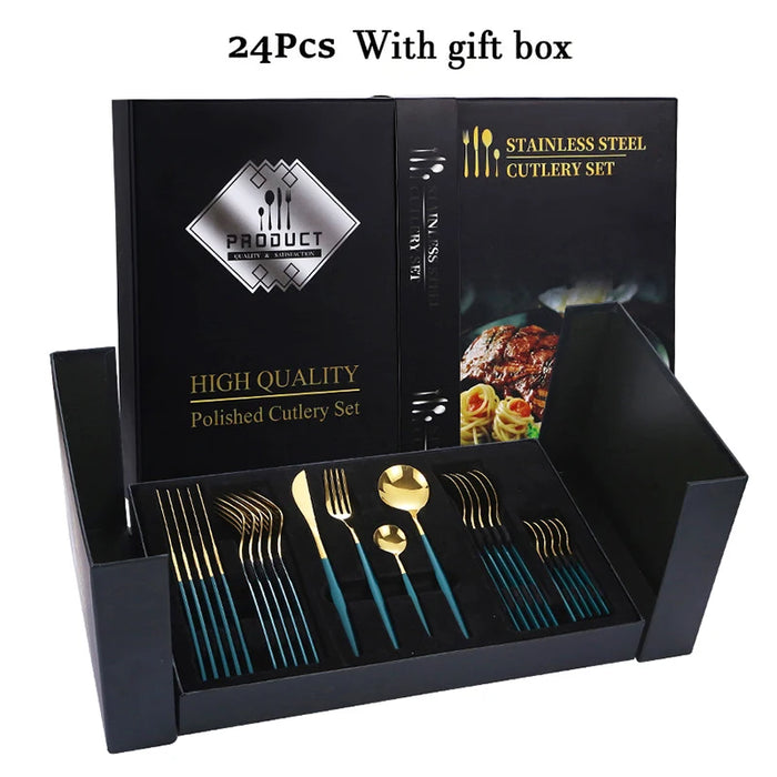 24 Piece Black & Gold Stainless Steel Cutlery Set Ideal For Festive Occasions & Dinners
