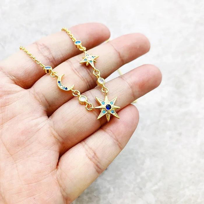 925 Sterling Silver Bohemia Star & Moon Necklace Fine Jewelry For Women