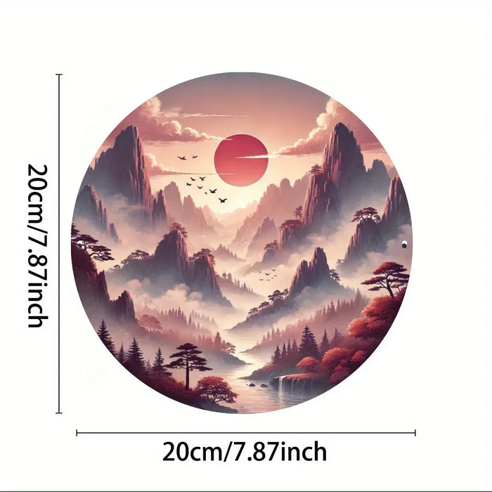 Round Tin Wall Art Mountain & Birds Landscape