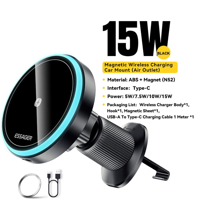 Magnetic Car Phone Holder 15W Wireless Charger Stand For Iphone 15 14 13 Pro Max Car Mount Charger For Magsafe Led Light