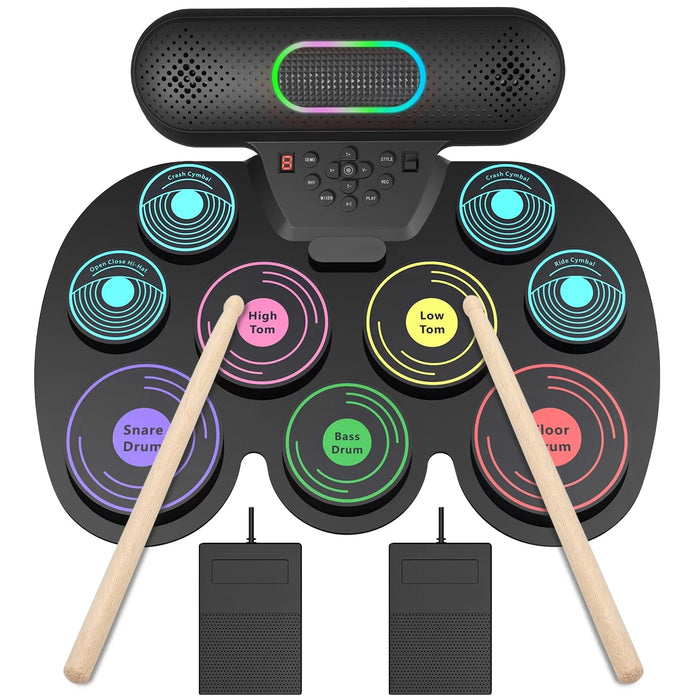 Portable Electronic Drum Set For Kids & Adults 9 Pads Dual Speakers Headset Jack Drumsticks Foot Pedals