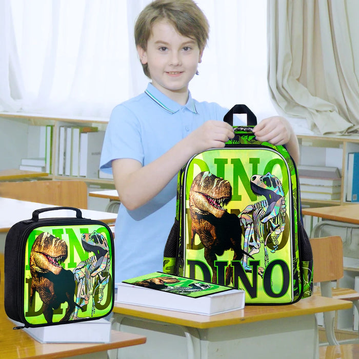 3 Piece Dinosaur Backpack Set For Boys 16 Inch Water Resistant Preschool Bookbag