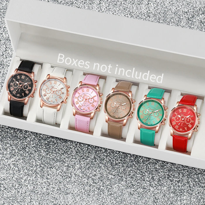 6 Piece Casual Leather Band Analog Watch Set - Without Box