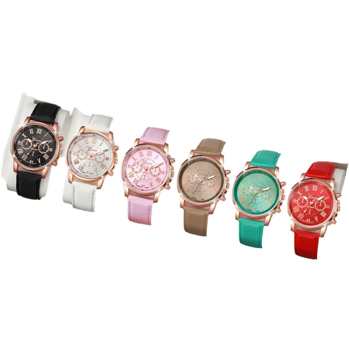 6 Piece Casual Leather Band Analog Watch Set - Without Box
