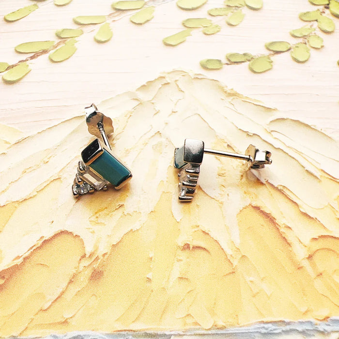 925 Sterling Silver Turquoise & White Baguette Cut Ear Studs