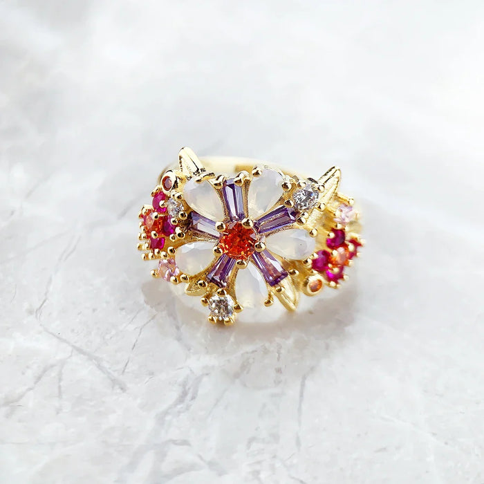 925 Sterling Silver Boho Colourful Flowers Ring For Women