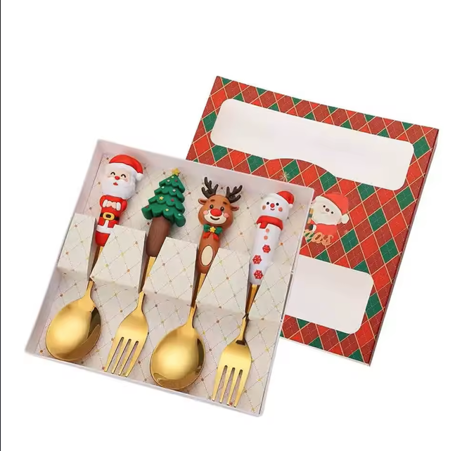 4 Piece Christmas Cutlery Set Stainless Steel Spoon & Fork With Cartoon Doll Design