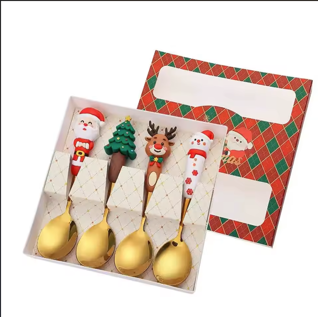4 Piece Christmas Cutlery Set Stainless Steel Spoon & Fork With Cartoon Doll Design