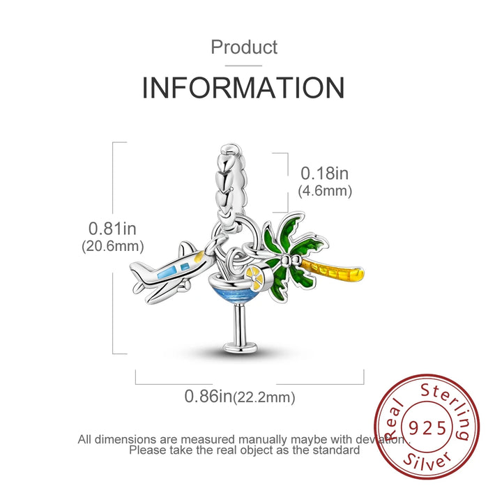 925 Sterling Silver Coconut Tree Airplane Pendant Fits Bracelet / Necklace Women Diy Gift