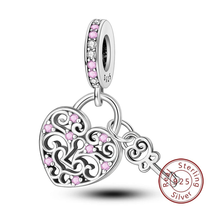 925 Sterling Silver Pink Heart Lock Charm Fits Bracelet Or Necklace Diy Gift For Women