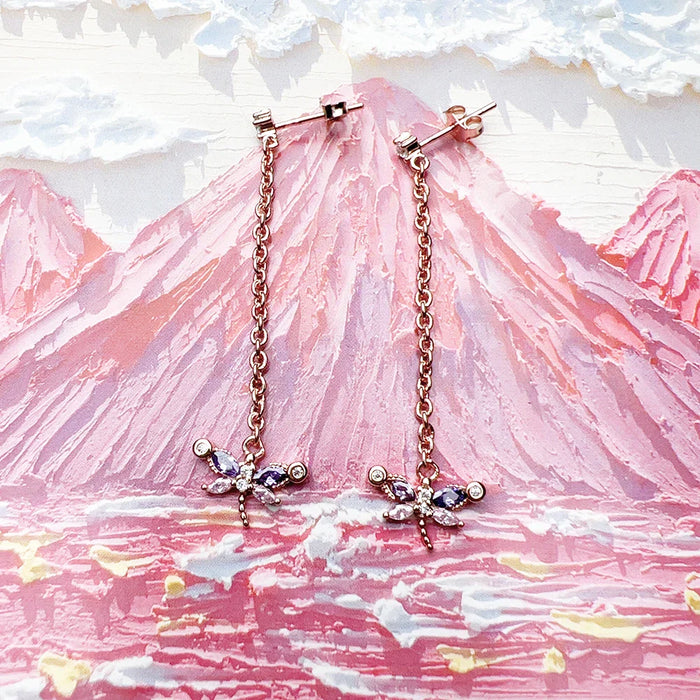925 Sterling Silver Rose Gold Dragonfly Drop Earrings With Stones