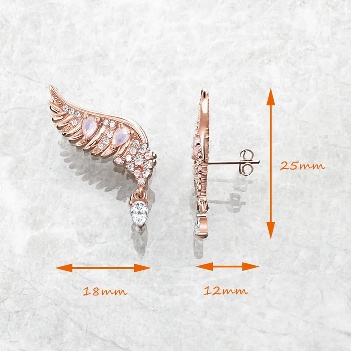 925 Sterling Silver Phoenix Wing Rose Gold Ear Studs With Pink Stones