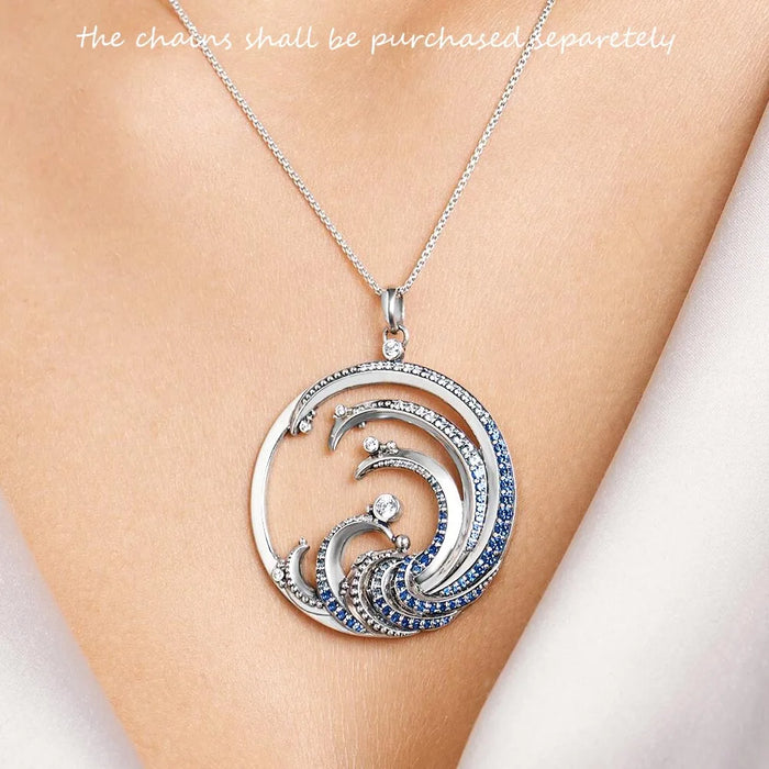 925 Sterling Silver Blue Stone Wave Pendant Ocean Jewelry For Women