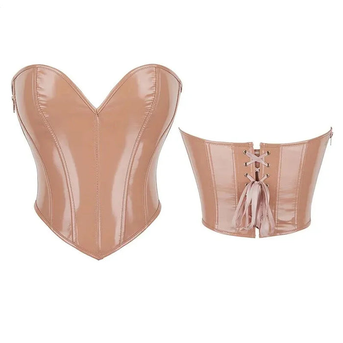 Khaki Women Pvc Leather Gothic Corselet Vest Xs-Xxl Zip & Lace Up Boned Strapless