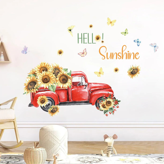 Watercolour Pickup Truck Sunflower Wall Stickers Removable Pvc Living Room Decor