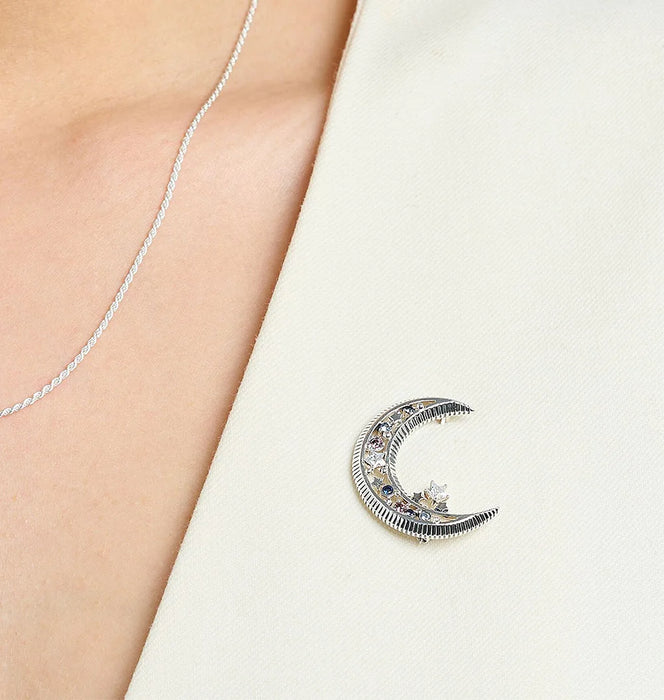 925 Sterling Silver Boho Crescent Moon Brooch Gift For Women