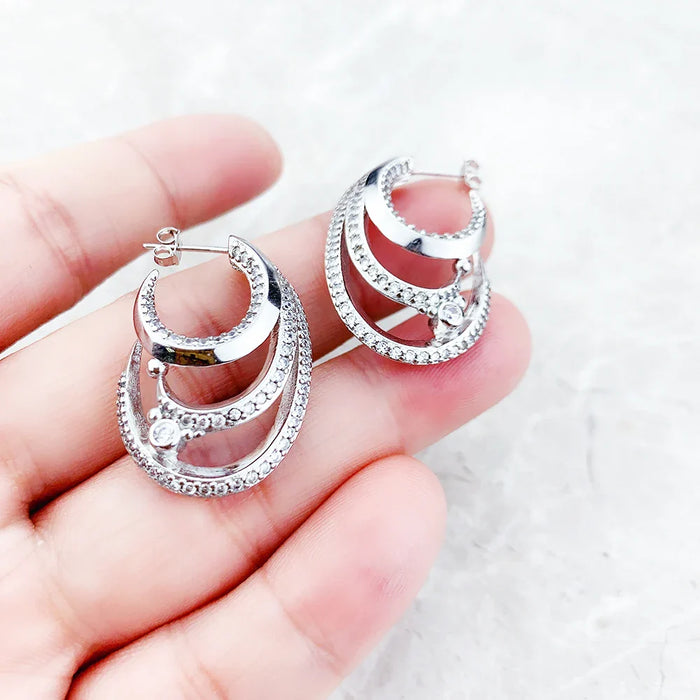 925 Sterling Silver Wave Hoop Earrings With White Stones