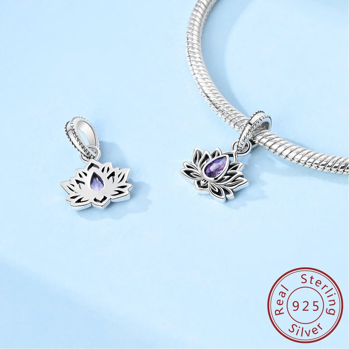925 Sterling Silver Lotus Flower Pendant Purple Gemstone Charms For Women Bracelets & Necklaces