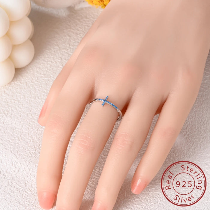 925 Sterling Silver Sea Blue Cross Ring Fashionable & Elegant For Women Parties Weddings & Anniversaries