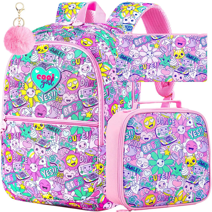 3 Piece Girls Backpack Set With Lunch Box 16.5 Inch Smile Face Waterproof