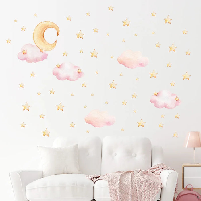 5Pcs Pink Clouds Stars Wall Stickers For Baby Nursery Decoration