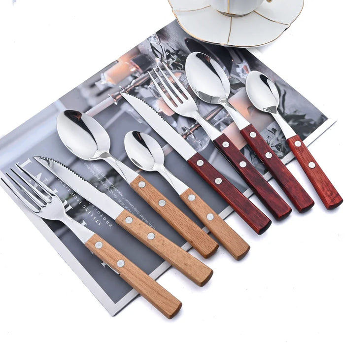 24 Piece Stainless Steel Cutlery Set With Wood Handles