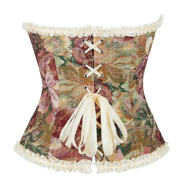 Floral Lace Trim Overbust Corset Women 1920S Retro Bustier With Boning And Front Busk Closure