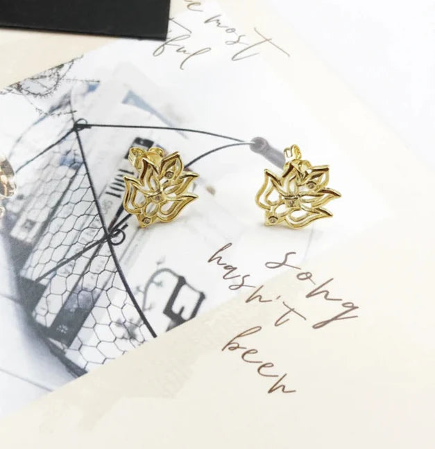 925 Sterling Silver Vintage Gold Lotus Stud Earrings