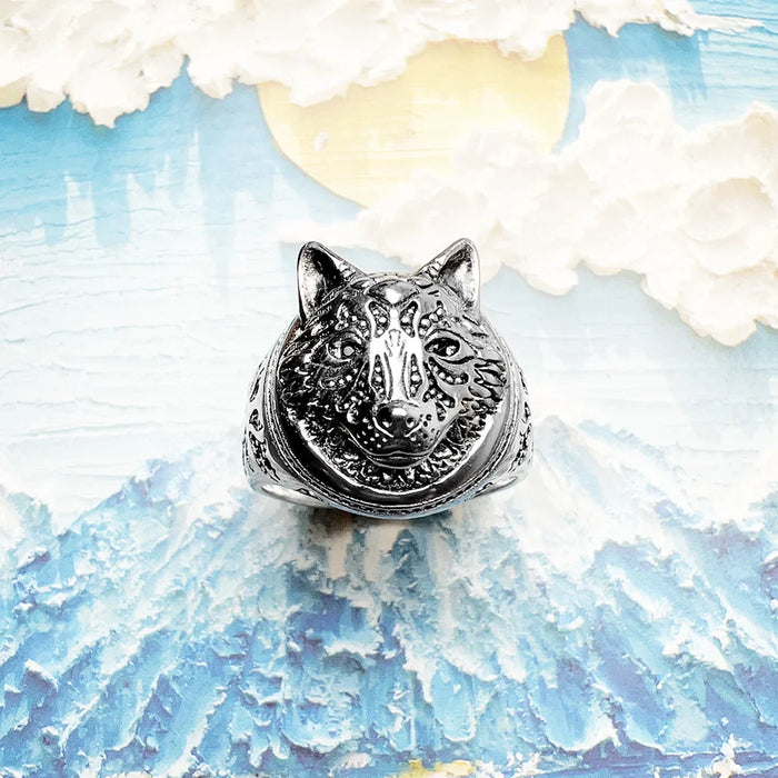 925 Sterling Silver Vintage Blackened Wolf Face Ring Men / Women