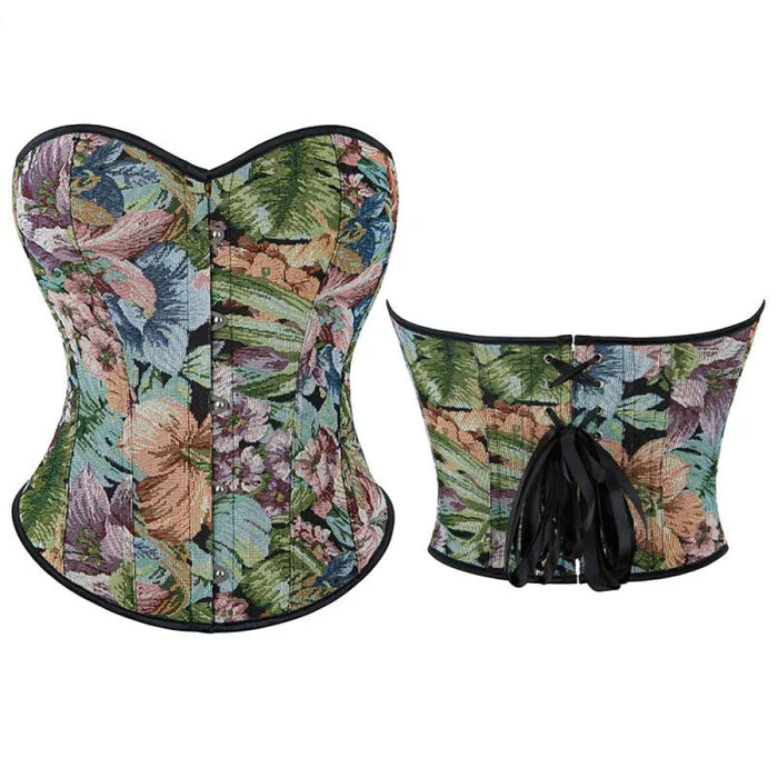 Floral Print Overbust Corset Monet Garden Style Lace Up Slimming Shapers