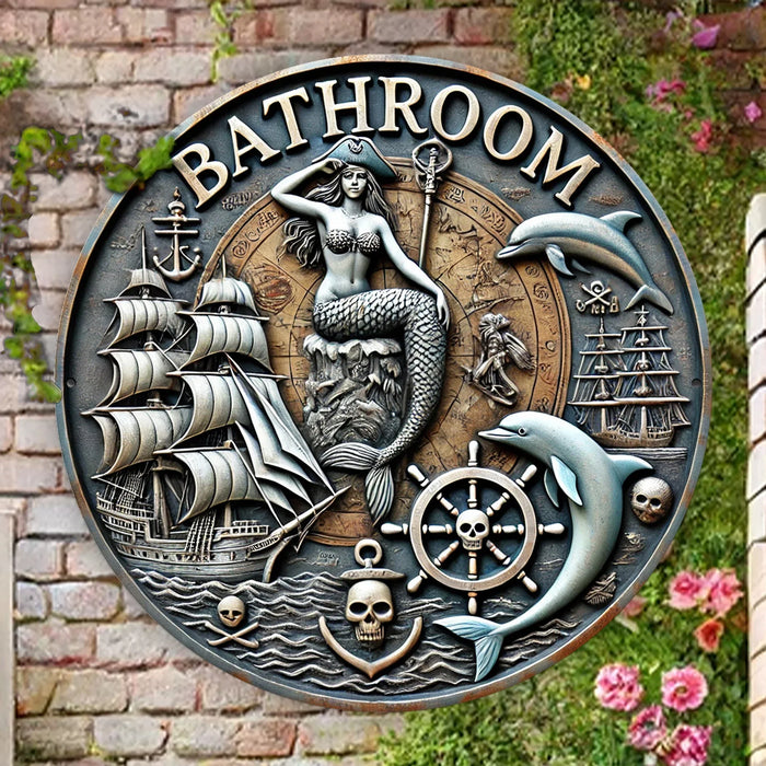 Vintage Mermaid Pirate Bathroom Sign Round Aluminum Wall Art