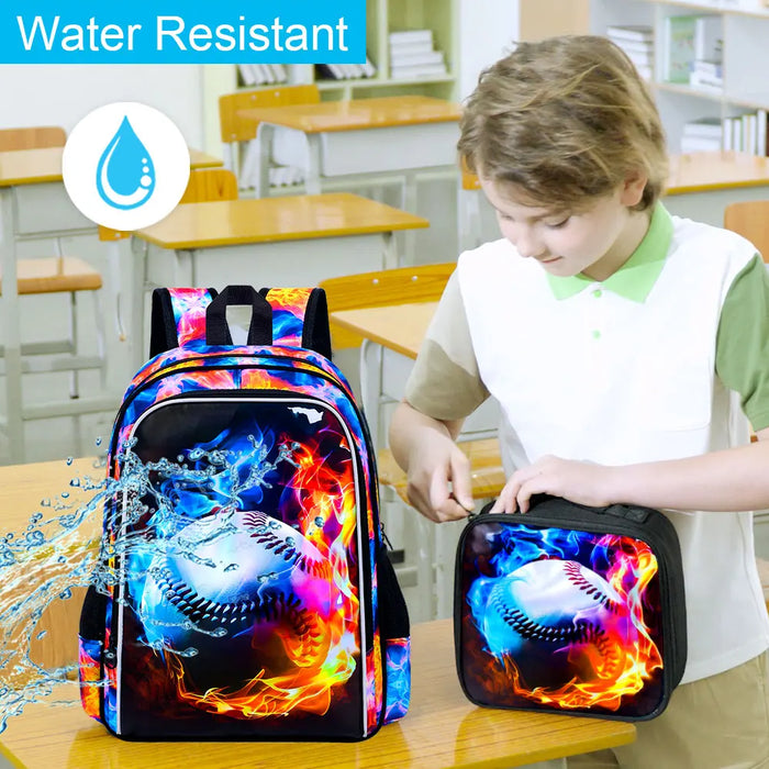 17 Inch School Bag Lunch Bag Set For Teens Water Resistant Baseball Pattern Fits Boys Men