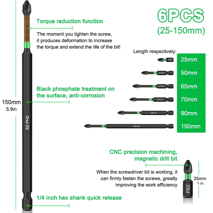 Ph2 Magnetic Cross Impact Screwdriver Bit Set High Hardness Non Slip