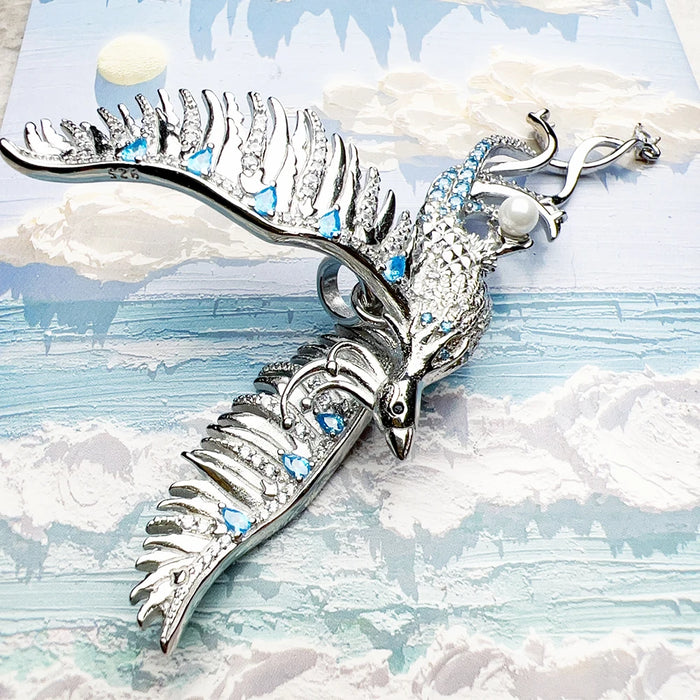 925 Sterling Silver Phoenix Blue Stone Pendant Romantic Gift For Her