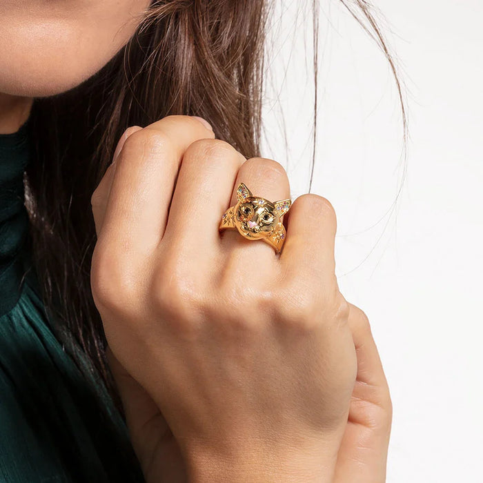 925 Sterling Silver Boho Cat Ring Gold Plated For Women