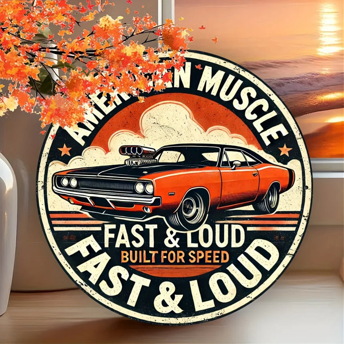 Vintage Race Car Metal Sign 8X8 Inch Inch Round Wall Art