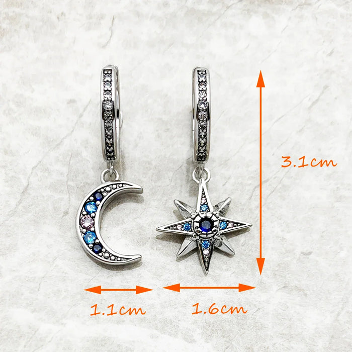 925 Sterling Silver Boho Star & Moon Hinged Hoop Earrings In
