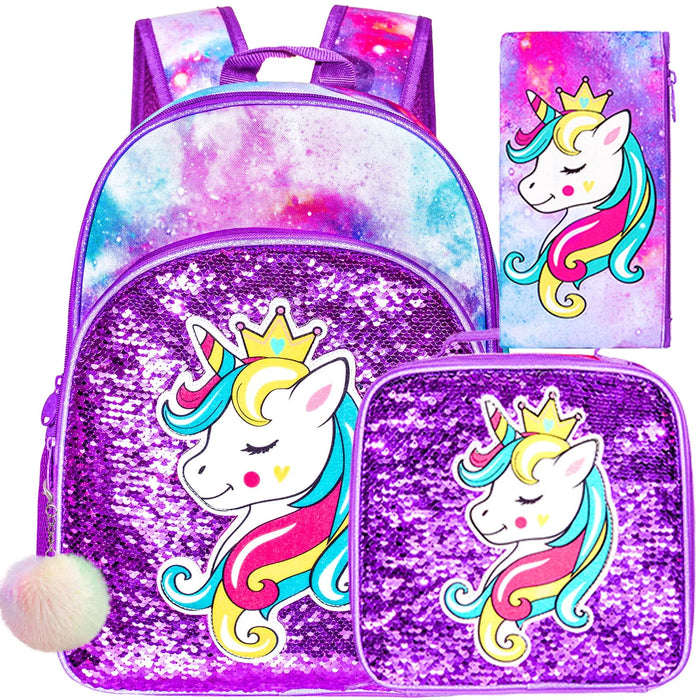 3 Piece Kids Backpack Set 16 Inch School Bag With Lunch Box Unicorn Dinosaur Design