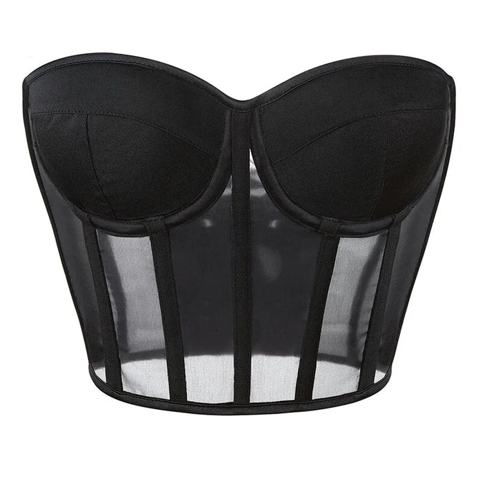 Mesh Corset Top With Padded Cups Short Torso Bustier For Women Black Summer See Through Design
