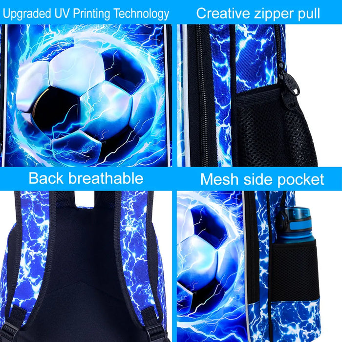 17 Inch School Bag Lunch Bag Set For Teens Water Resistant Soccer Pattern Fits Boys Men