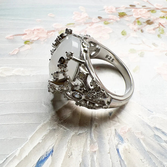 925 Sterling Silver Sunburst Cocktail Ring Oval Stone