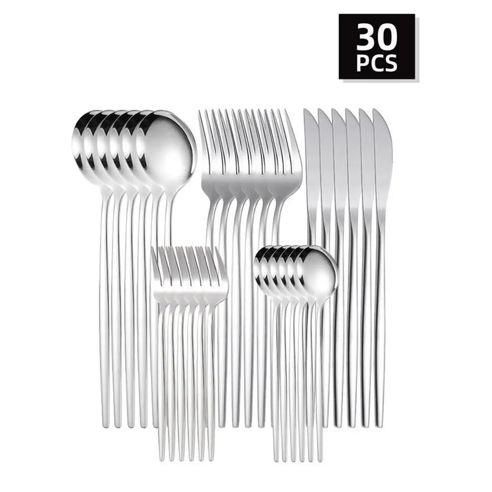 30 Piece Stainless Steel Cutlery Set With Steak Knives And Dessert Spoons