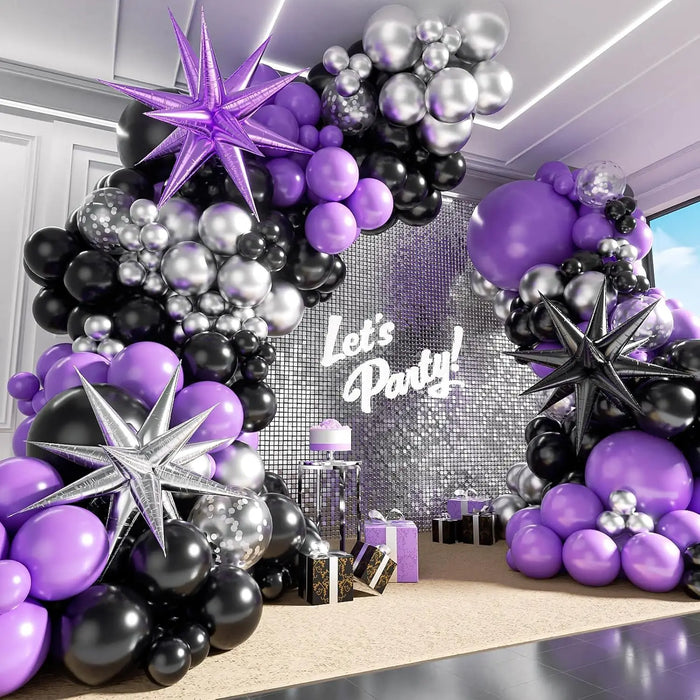 141Pcs Purple Black Silver Balloon Garland Arch Kit For Birthday Backgrounds Anniversaries Indoor And Outdoor Decorations
