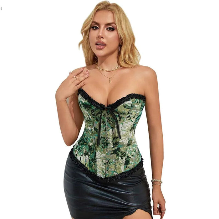 Ruffled Lace Trim Boned Corset Top Green Renaissance Christmas Lingerie