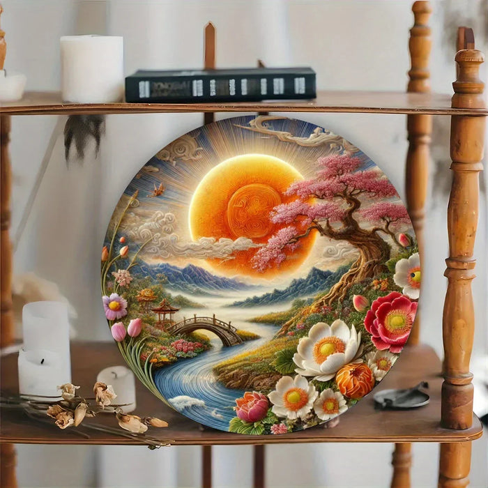 8X8 Inch Round Metal Wall Art Spring Floral & Landscape Weather-Resistant Hd Print Easy Hang Home Garden Cafe Bar