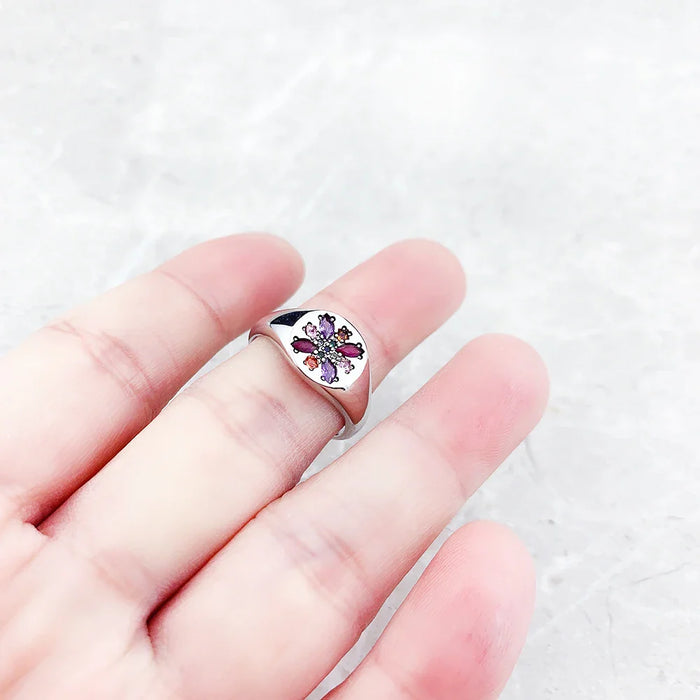 925 Sterling Silver Boho Flower Ring Colourful Stone European Style Fine Jewelry For Women