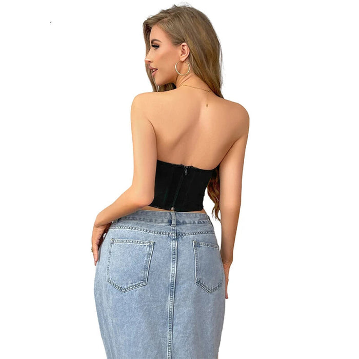 13 Women Gothic Bone-Supported Backless Bustier Pu Leather Corset Top With Back Zipper